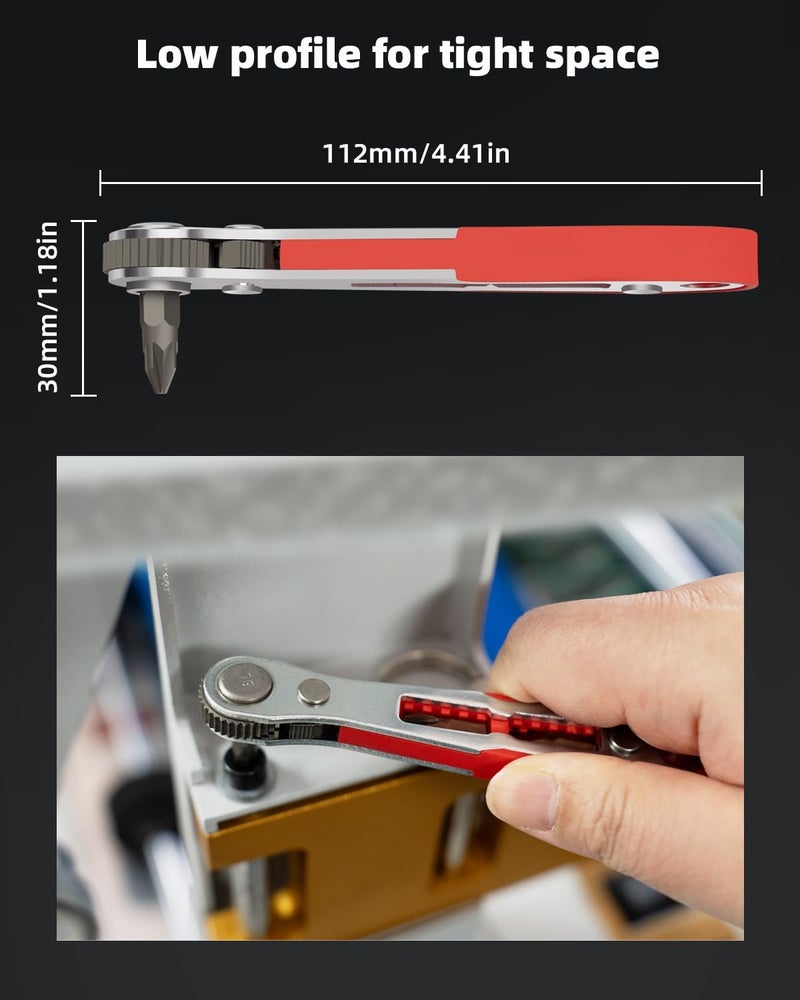 ROTATION 16pc Bit Set with 1/4 Mini Ratchet Offset Right Angle Screwdriver, Reversible Drive Handle, EDC Tool for Tight Spaces Automotive, Electronics & DIY Repair - Image 3